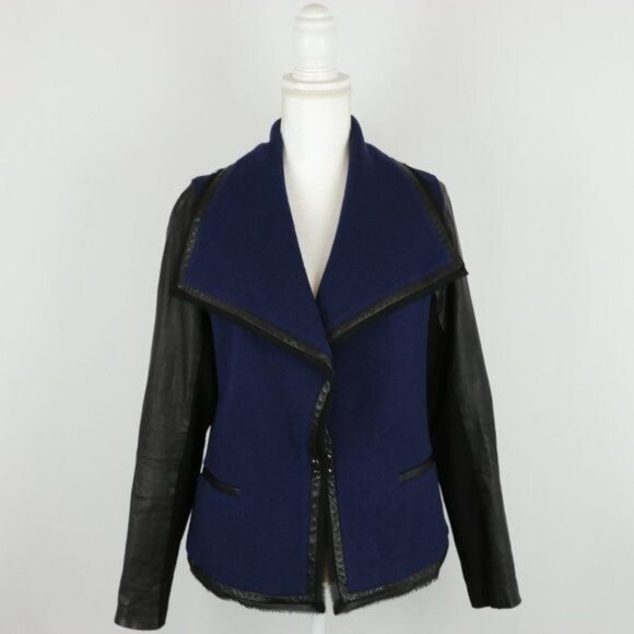 Vince Women's Size 6 Black Blue Leather & Wool Boucle Draped Collar Jacket - Picture 1 of 10
